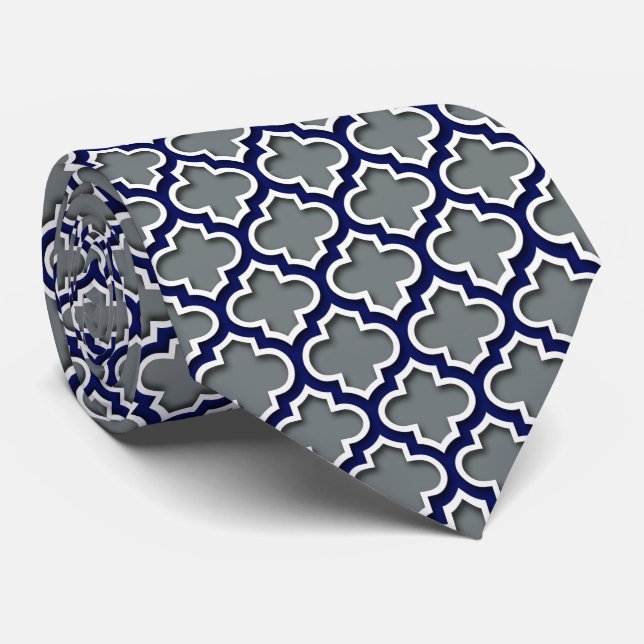 Cravate Charcoal Gray Navy White Moroccan Quatrefoil #5DS (Roulé)
