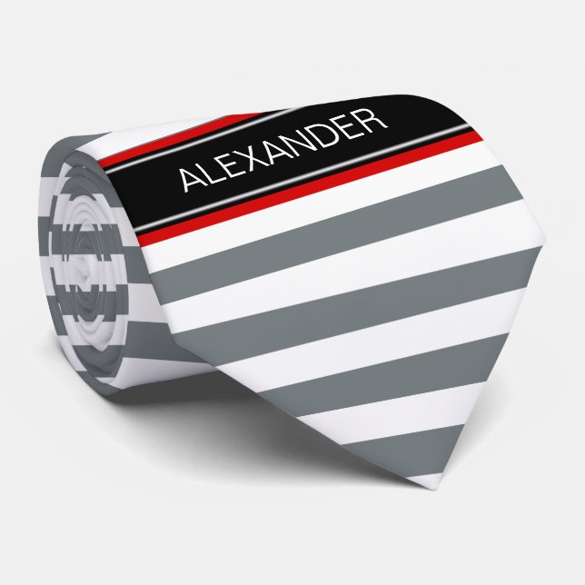 Cravate Charcoal Wt Horz Preppy Stripe Black Name Monogram (Roulé)