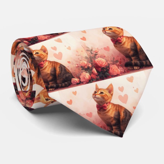 Cravate Chat abyssinien avec Rose - Saint Valentin (Roulé)