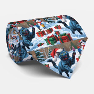 Cravate Chat bleu russe à la neige avec Casquette de Noël
