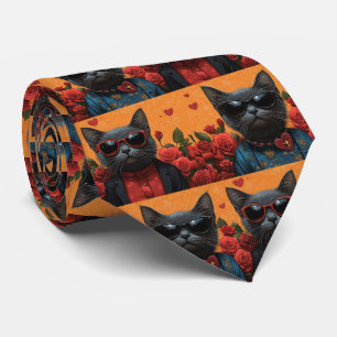 Cravate Chat bleu russe avec coeur Roses Saint-Valentin