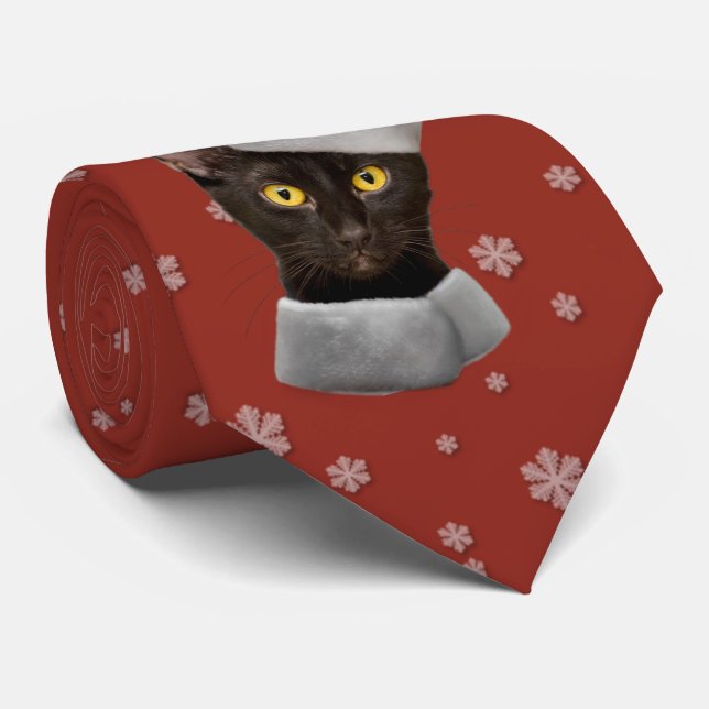 Cravate Chat de Noël Noir Père Noël (Roulé)