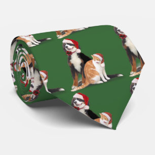 Cravate Chat et chien avec des casquettes de Père Noël
