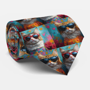 Cravate Chat Maine Coon avec Roses de Saint-Valentin