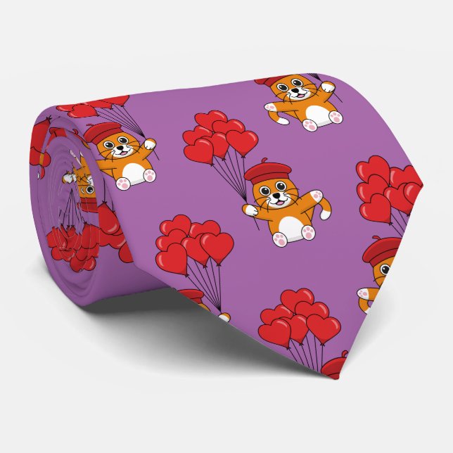 Cravate Chat mignon avec Ballons de Coeur Rouge (Roulé)