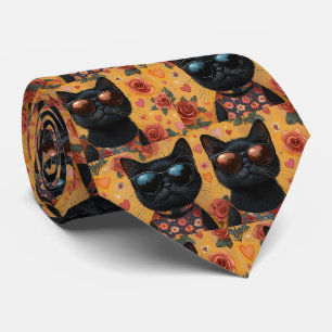 Cravate Chat noir avec coeur Roses Saint-Valentin