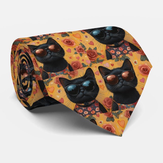 Cravate Chat noir avec coeur Roses Saint-Valentin (Roulé)