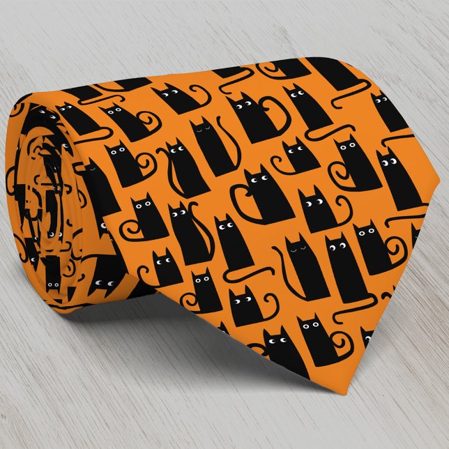 Cravate Chat noir Halloween Orange (Fun black cat pumpkin orange Halloween neck tie for animal lovers)