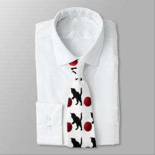 Cravate Chat silhouette noire, avec boule de laine rouge (