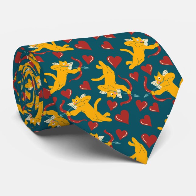Cravate Chats mignon Saint Valentin Orange, Rouge et Bleu (Roulé)