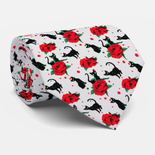 Cravate Chats noirs mignons amusants Motif Roses rouges