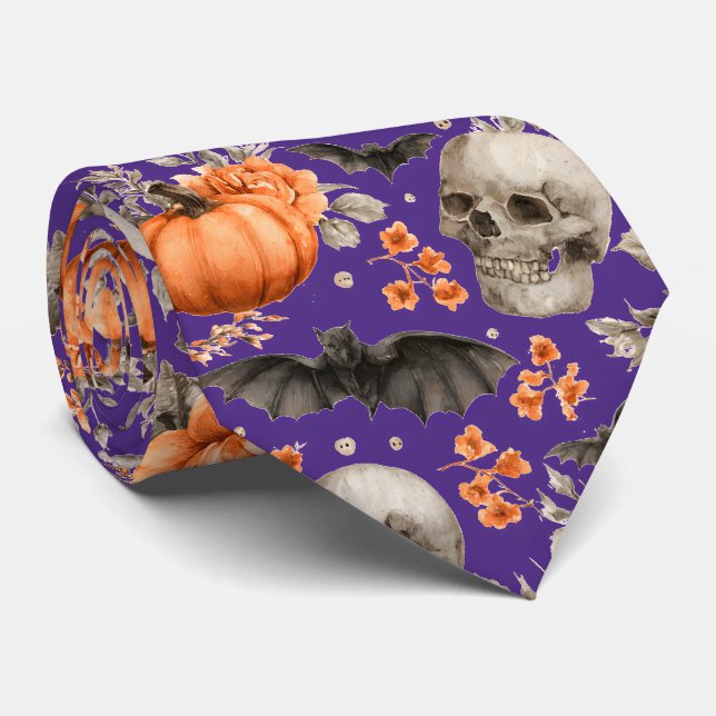 Cravate Chauve-souris et fleurs d'Halloween violet (Roulé)