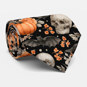 Cravate Chauve-souris Halloween et fleurs Noir