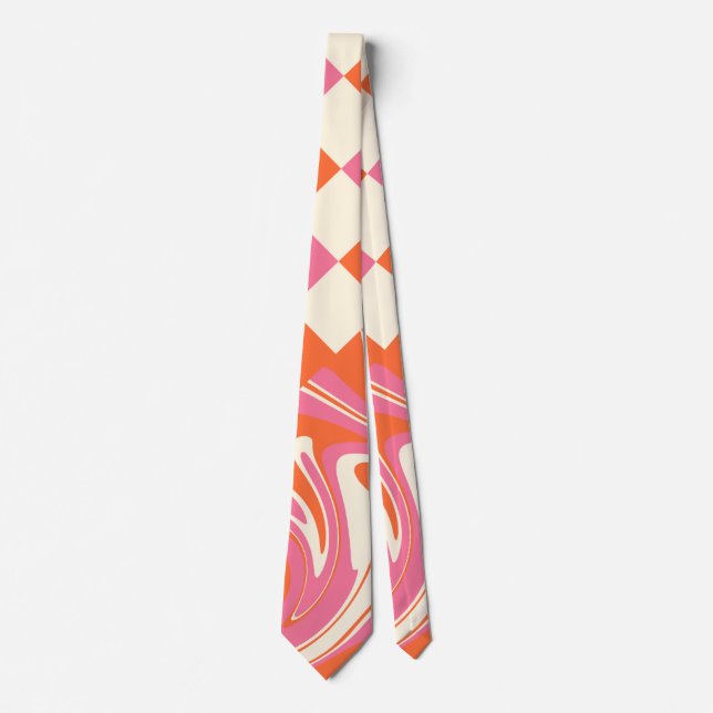 Cravate Chèques et tourbillons - rose, orange et crème (Devant)