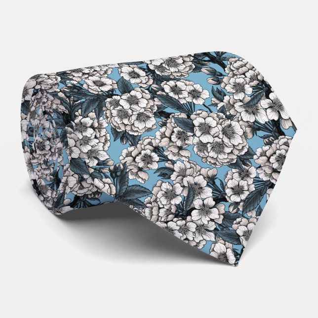 Cravate Cherry blossom in white and blue (Roulé)