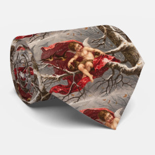 Cravate CHERUBE À FEU SUR ARBRE D'HIVER AVEC OISEAUX Noël