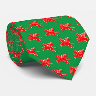 Cravate Cheval volant - Rouge et blanc sur vert foncé