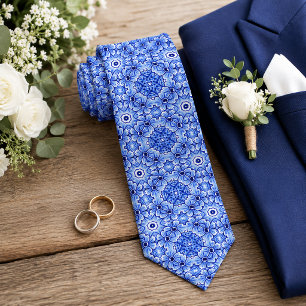 Cravate Chic Classique Delft Bleu Floral Motif d'Art