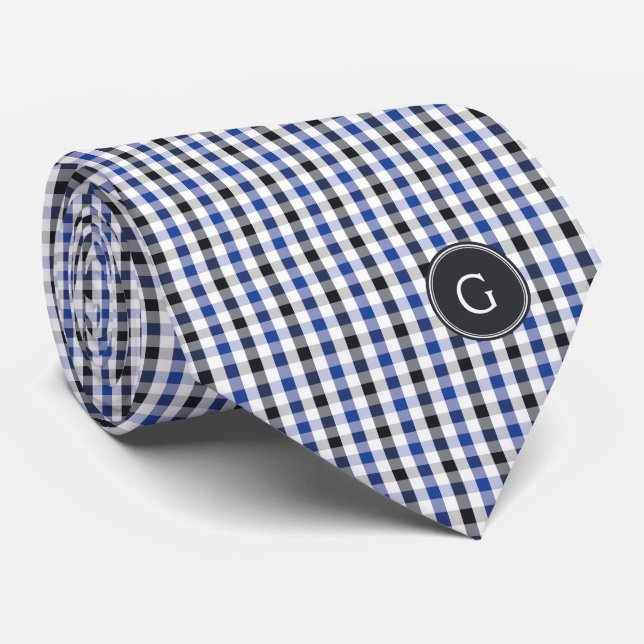 Cravate chic preppy bleu noir en vichy motif monogramme (Roulé)