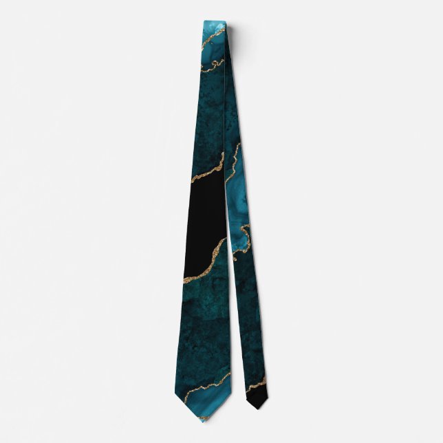 Cravate Chic Turquoise Parties scintillant or Agate marbre (Devant)