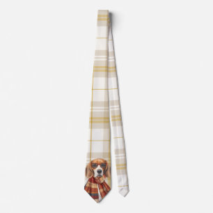 Cravate Chien Beagle et plaid doré monogrammé