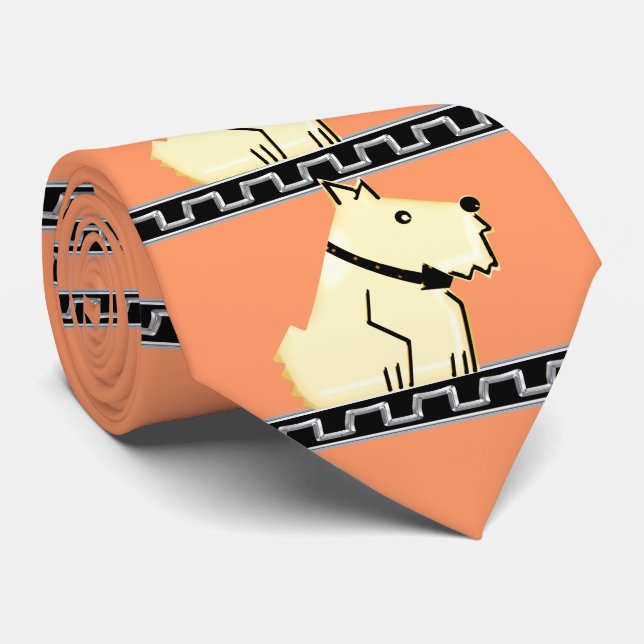 Cravate Chien d'art déco, noir+Clé grecque argentée+Saumon (Roulé)