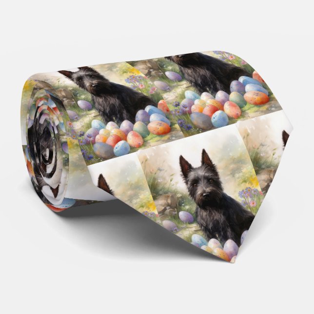 Cravate Chien de Terrier écossais avec oeufs de Pâques vac (Roulé)