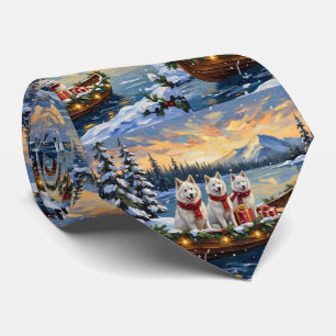 Cravate Chien Esquimau Américain Blanc Noël Bateau Fêtes