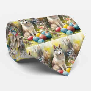 Cravate Chien Husky Sibérien avec œufs de Pâques vacances