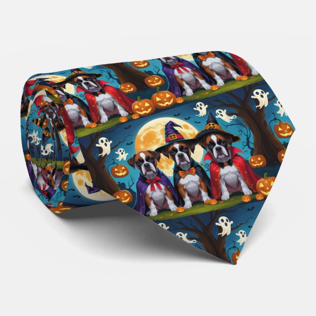 Cravate Chiens Boxer Citrouille Halloween Drôle (Roulé)