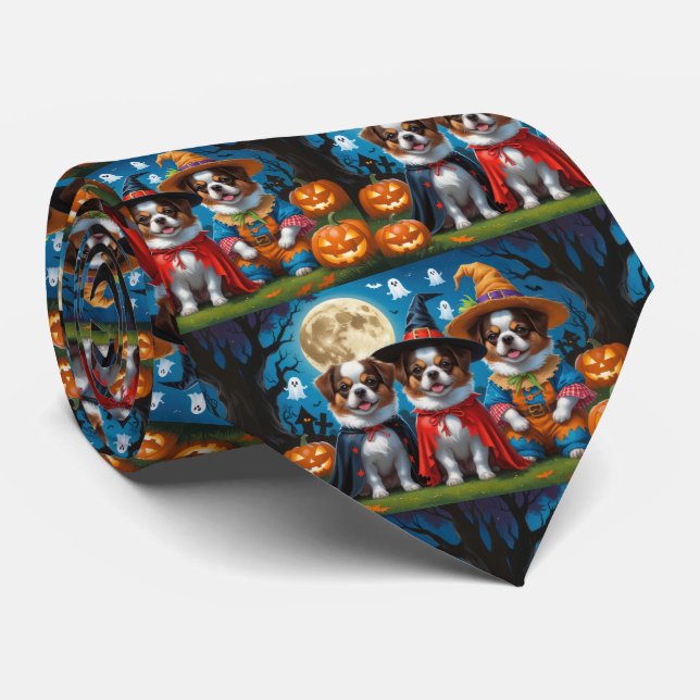 Cravate Chiens Chin Japonais Citrouille Halloween drôle (Roulé)