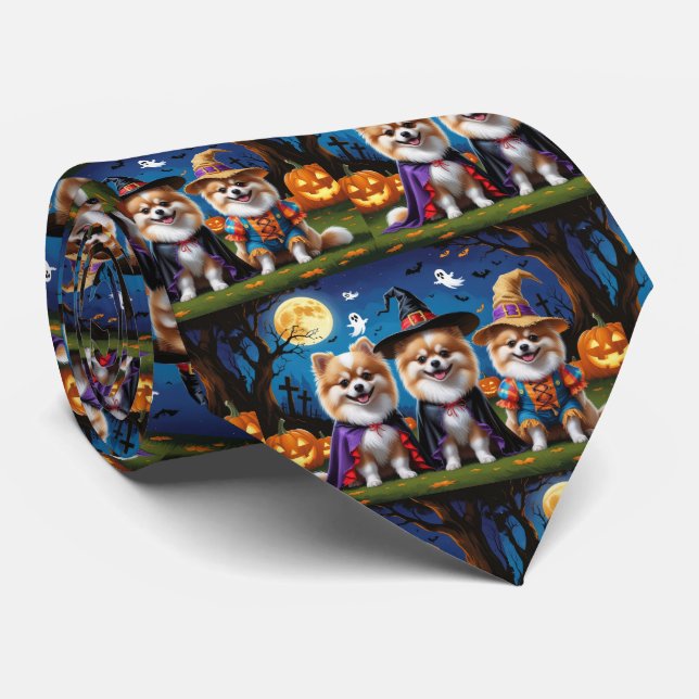 Cravate Chiens de Poméranie Citrouille Halloween Funny (Roulé)