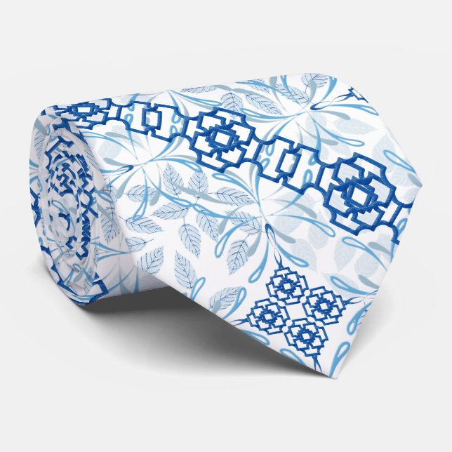 Cravate Chinoiserie florale géométrique bleu et blanc Cou  (Roulé)