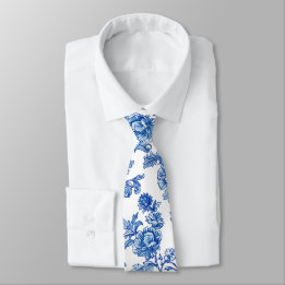 Cravate Chinoiserie Rose Pivoine Bleue et Blanche