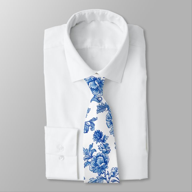 Cravate Chinoiserie Rose Pivoine Bleue et Blanche (Attaché)