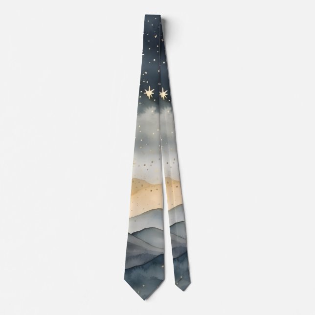 Cravate Christmas Mountain Sky Stars Blue Grey (Devant)