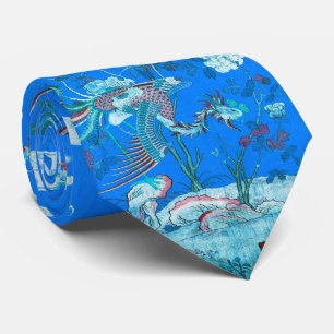 Cravate Cinq Phoenix dans Jardin chinois bleu floral