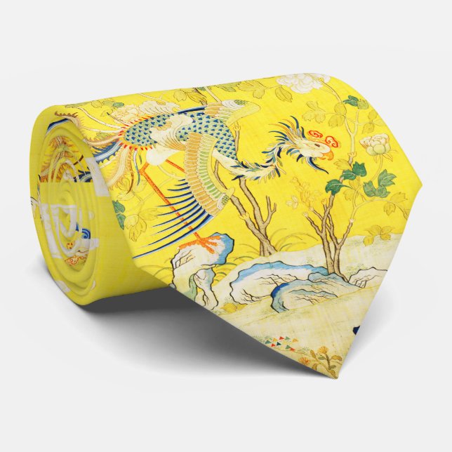 Cravate Cinq Phoenix dans Jardin chinois jaune floral (Roulé)