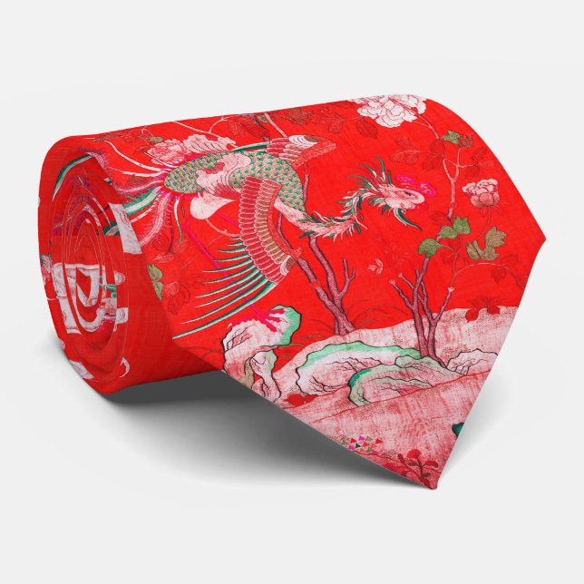 Cravate Cinq Phoenixes dans Jardin Chinois Rouge Floral (Roulé)