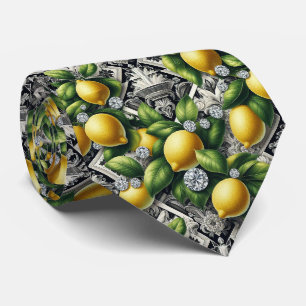 Cravate Citron Amalfi Faux Soie   Luxe Art Déco Diamants 
