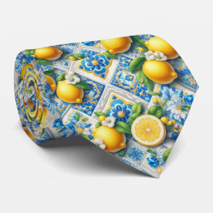 Cravate Citron d'Amalfi Méditerranée Faux Soie Aquarelle