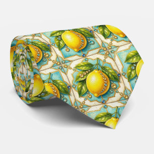 Cravate Citrons d'Amalfi Faux Soie   Luxueux Style Designe