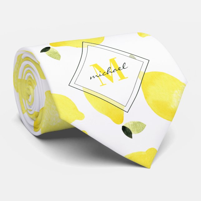 Cravate Citrons joyeux Motif Monogramme jaune Nom Blanc (Roulé)