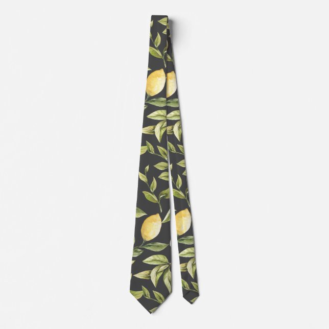 Cravate Citrons | motif botanique gris aquarelle (Devant)