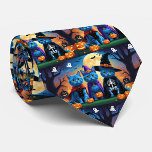 Cravate Citrouille russe Blue Cats Halloween drôle