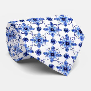 Cravate Classique Chic Motif Artistique Floral Delft Bleu
