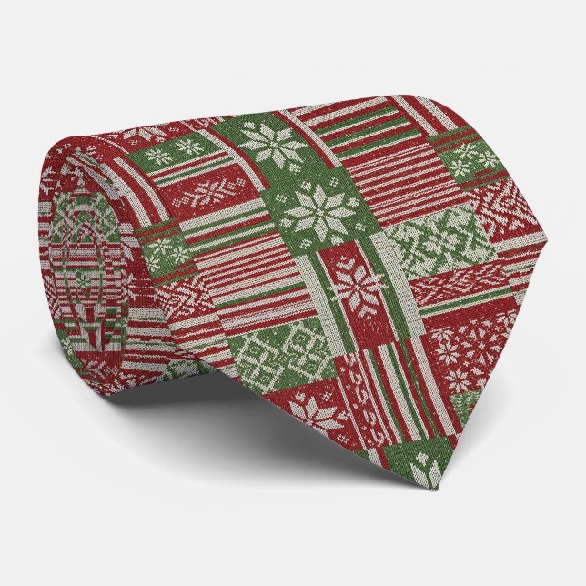 Cravate Classique Tricot Patchwork de Noël -Rouge, Vert (2 (Roulé)