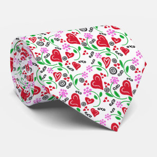 Cravate Coeurs rouges Valentine Fleurs roses