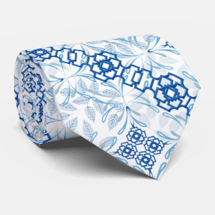 Cravate Col Bleu et Blanc Géométrique Floral Chinoiserie C