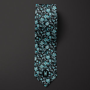 Cravate Col foulard floral sarcelle sur noir